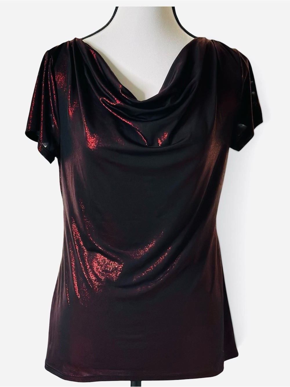 Black Red Metallic Shimmer Cowl Neck Short SleeveTop Clubs Party Goth Glam